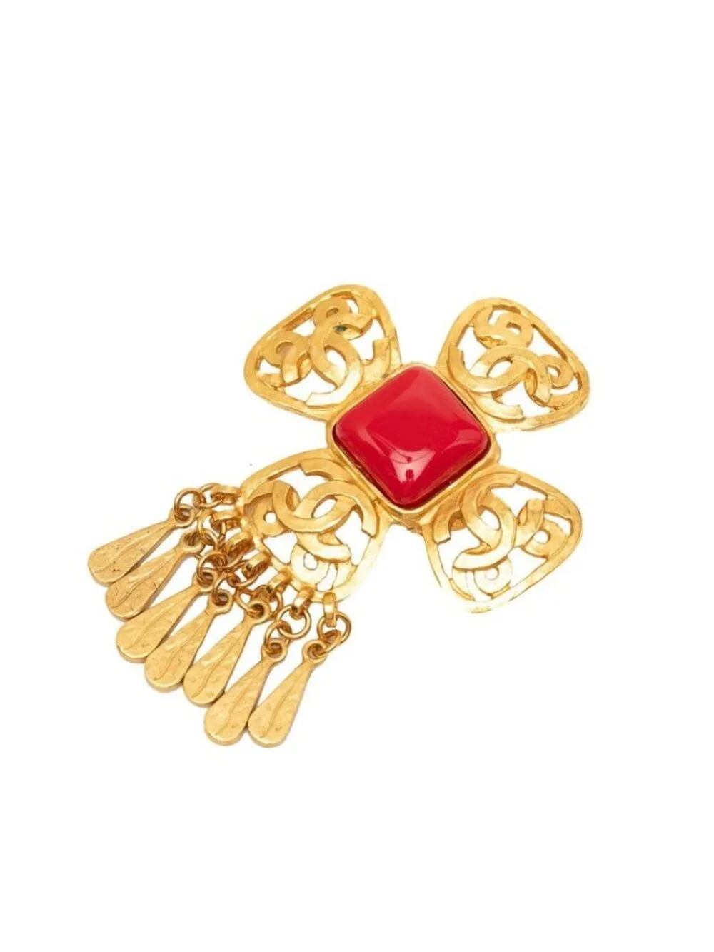Chanel CC Logo Vintage Brooch Gold Red Plated